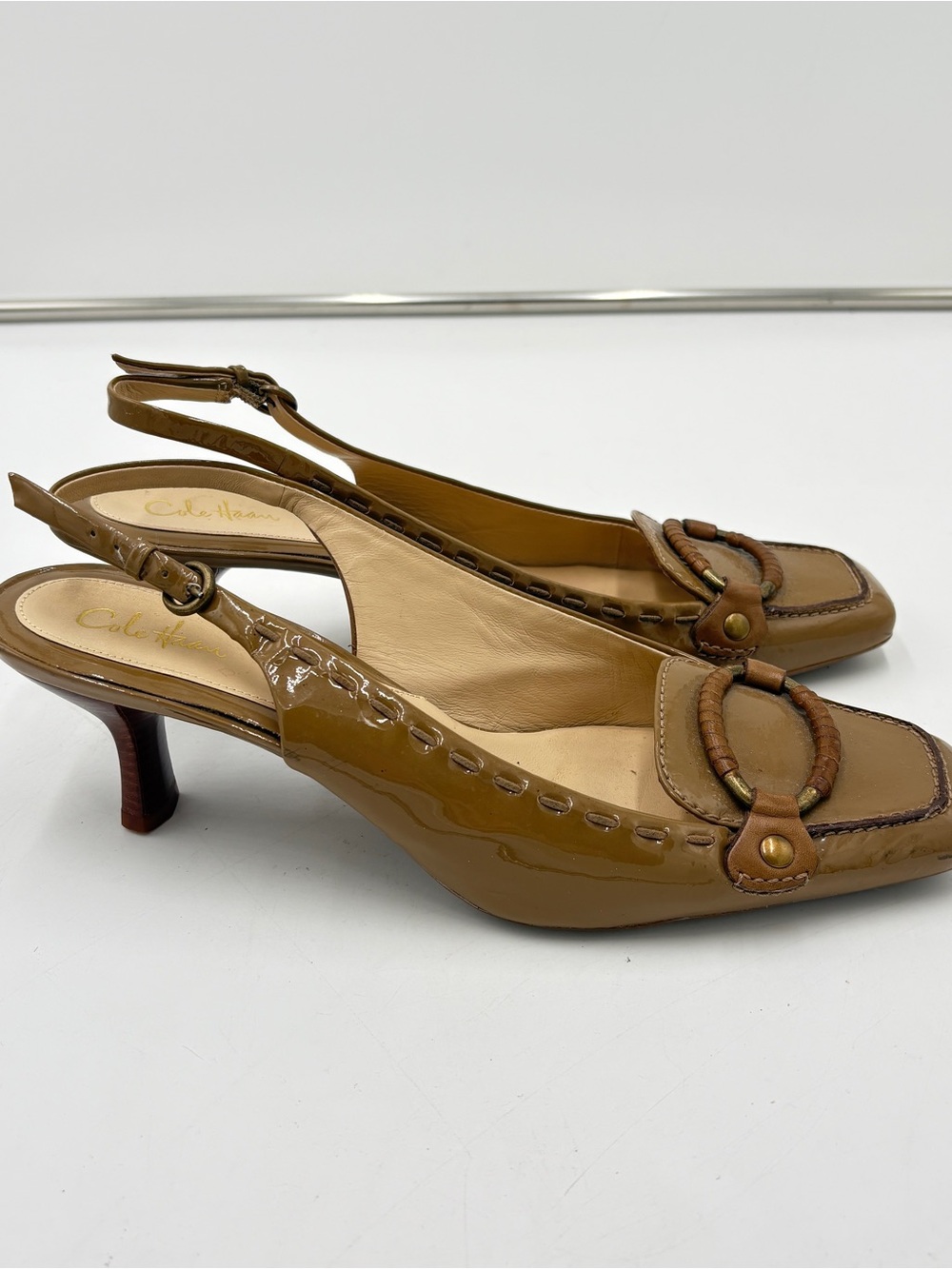 Vintage Y2K 90s Cole Haan Slingback Kitten Heels Patent Leather Square Toe Sz 9
